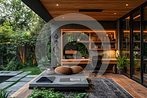 Modern cozy home office with organic textures, greenery, eco design, not a typical office