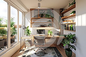 A modern and cozy home office space bathed in natural sunlight with an abundance of indoor plants