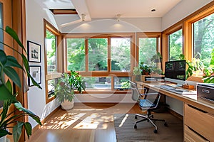 A modern and cozy home office space bathed in natural sunlight with an abundance of indoor plants