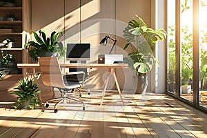 A modern and cozy home office space bathed in natural sunlight with an abundance of indoor plants