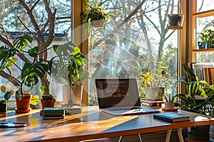 A modern and cozy home office space bathed in natural sunlight with an abundance of indoor plants