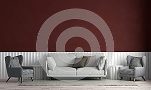 Modern cozy house and living room interior design and red wall pattern background/3d render