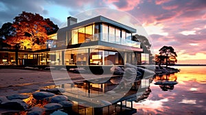 modern cozy house with panoramic windows on the lake. Exterior view of a new house at night with illumination. luxurious modern