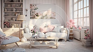 Modern cozy living room. Chabby shic style. Pastel colors