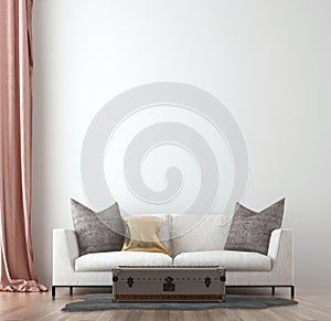 The modern cozy living room and empty white wall texture background interior design / 3D rendering