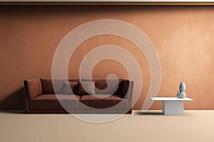 Modern cozy living room with monochrome terracotta wall. Contemporary interior design with trendy earth tones wall color, brown