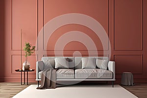 Modern cozy living room with monochrome terracotta wall. Contemporary interior design with trendy earth tones wall color, brown