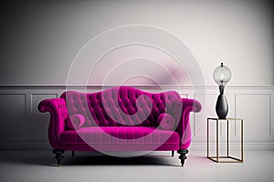 Modern cozy living room with pink magenta sofa. Contemporary interior design with empty grey wall. Generative AI