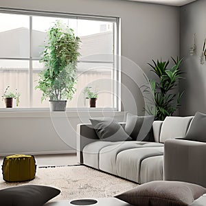 Modern cozy living room in sober colors white and gray, perfectly illuminated space