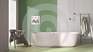 Modern cozy minimalist green bathroom, freestanding bathtub, mosaic hexagonal pastel tiles, armchair with fur, concrete white