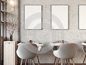 Modern cozy restaurant interior with blank picture frames. 3d rendering