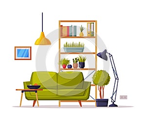 Modern Cozy Room Interior Design, Bookcase, Sofa Comfy Furniture and Home Decoration Accessories Vector Illustration on