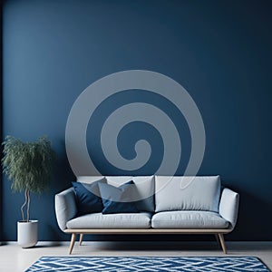 Modern Cozy Sofa With Pillows Infront Of Empty Blue Wall, Minimalism Interior Living Room, Soft Light, Generative AI