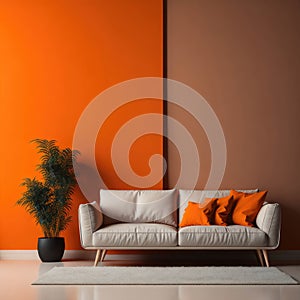 Modern Cozy Sofa With Pillows Infront Of Empty Bright Orange Wall, Minimalism Interior Living Room, Soft Light, Generative AI