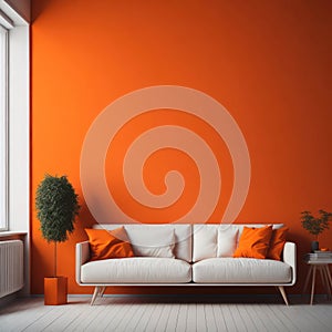 Modern Cozy Sofa With Pillows Infront Of Empty Bright Orange Wall, Minimalism Interior Living Room, Soft Light, Generative AI