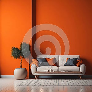 Modern Cozy Sofa With Pillows Infront Of Empty Bright Orange Wall, Minimalism Interior Living Room, Soft Light, Generative AI