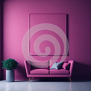 Modern Cozy Sofa With Pillows Infront Of Empty Bright Pink Wall, Minimalism Interior Living Room, Soft Light, Generative AI