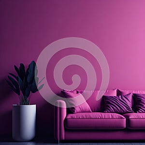 Modern Cozy Sofa With Pillows Infront Of Empty Bright Pink Wall, Minimalism Interior Living Room, Soft Light, Generative AI