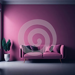 Modern Cozy Sofa With Pillows Infront Of Empty Bright Pink Wall, Minimalism Interior Living Room, Soft Light, Generative AI