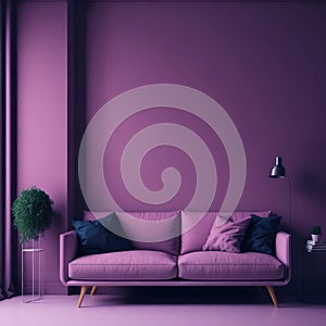 Modern Cozy Sofa With Pillows Infront Of Empty Bright Pink Wall, Minimalism Interior Living Room, Soft Light, Generative AI