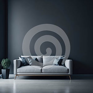 Modern Cozy Sofa With Pillows Infront Of Empty Grey Wall, Minimalism Interior Living Room, Soft Light, Generative AI