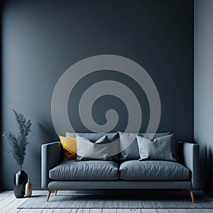 Modern Cozy Sofa With Pillows Infront Of Empty Grey Wall, Minimalism Interior Living Room, Soft Light, Generative AI