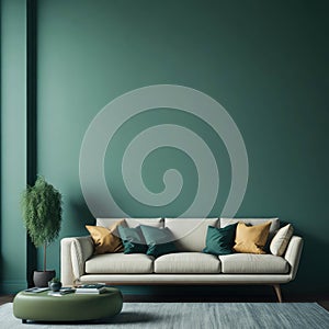 Modern Cozy Sofa With Pillows Infront Of Empty Grey Wall, Minimalism Interior Living Room, Soft Light, Generative AI