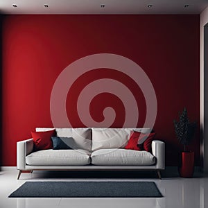Modern Cozy Sofa With Pillows Infront Of Empty Red Wall, Minimalism Interior Living Room, Soft Light, Generative AI
