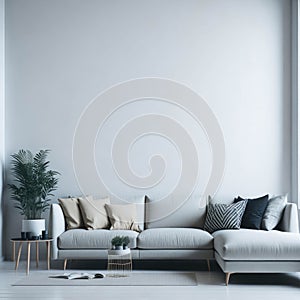 Modern Cozy Sofa With Pillows Infront Of Empty White Wall, Minimalism Interior Living Room, Soft Light, Generative AI