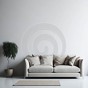 Modern Cozy Sofa With Pillows Infront Of Empty White Wall, Minimalism Interior Living Room, Soft Light, Generative AI