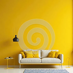 Modern Cozy Sofa With Pillows Infront Of Empty Yellow Wall, Minimalism Interior Living Room, Soft Light, Generative AI