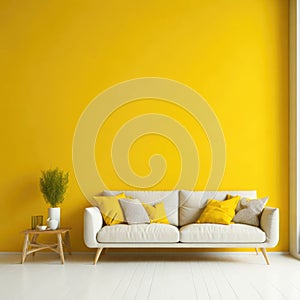 Modern Cozy Sofa With Pillows Infront Of Empty Yellow Wall, Minimalism Interior Living Room, Soft Light, Generative AI