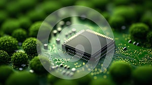A modern CPU processor chip placed on a vibrant green background