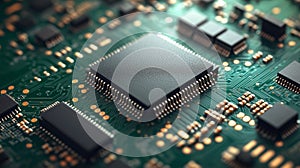 A modern CPU processor chip placed on a vibrant green background