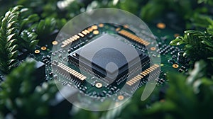 A modern CPU processor chip placed on a vibrant green background