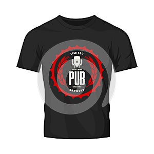 Modern craft beer drink vector logo sign for bar, pub, store, brewhouse or brewery isolated on black t-shirt mock up