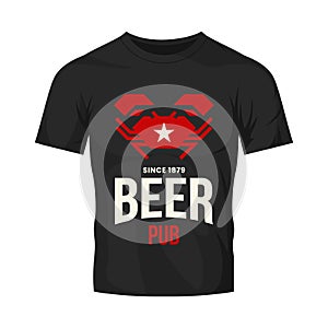 Modern craft beer drink vector logo sign for bar, pub, store, brewhouse or brewery isolated on black t-shirt mock up.