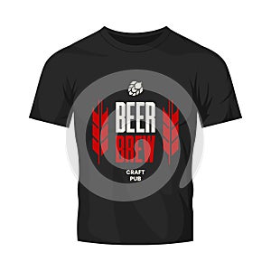 Modern craft beer drink vector logo sign for bar, pub, store, brewhouse or brewery isolated on black t-shirt mock up