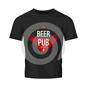 Modern craft beer drink vector logo sign for bar, pub, store, brewhouse or brewery isolated on black t-shirt mock up