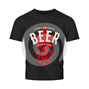 Modern craft beer drink vector logo sign for bar, pub or tavern, isolated on black t-shirt mock up