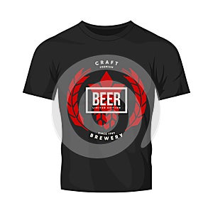 Modern craft beer drink vector logo sign for brewery, pub or bar isolated on dark t-shirt mock up.