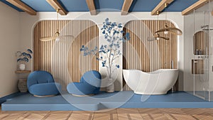 Modern creative blue and wooden bathroom, open space with parquet and concrete floor. Roof beams, shower, free standing bathtub,