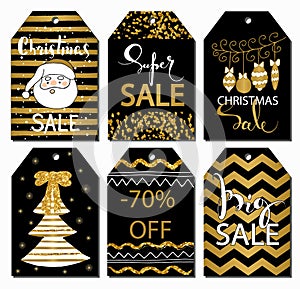 Modern creative Christmas gift tags in black, gold and white. Vector illustration.