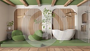 Modern creative green and wooden bathroom, open space with parquet and concrete floor. Roof beams, shower, free standing bathtub,