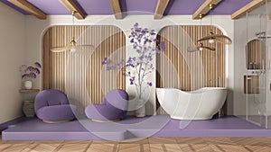 Modern creative liliac and wooden bathroom, open space with parquet and concrete floor. Roof beams, shower, free standing bathtub
