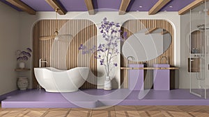 Modern creative liliac and wooden bathroom, open space with parquet and concrete floor. Roof beams, shower, free standing bathtub