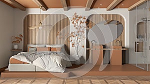 Modern creative orange and wooden bedroom with bathroom, open space with parquet and concrete floor. Roof beams, large shower,