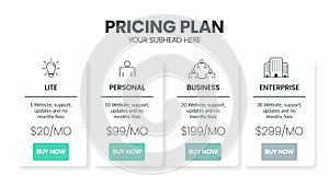 Modern creative pricing subscription plan table template with minimal line icon style. UI UX interface design elements.