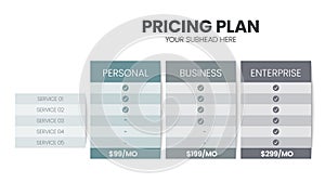 Modern creative pricing subscription plan table template with minimal line icon style. UI UX interface design elements.