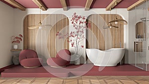 Modern creative red and wooden bathroom, open space with parquet and concrete floor. Roof beams, shower, free standing bathtub,